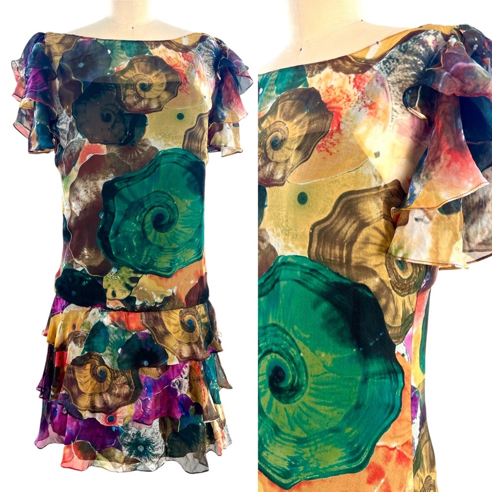 Catherine Malandrino 100% Silk Ruffle Sleeve and Hem Dress Sz 2 Nautilus Print